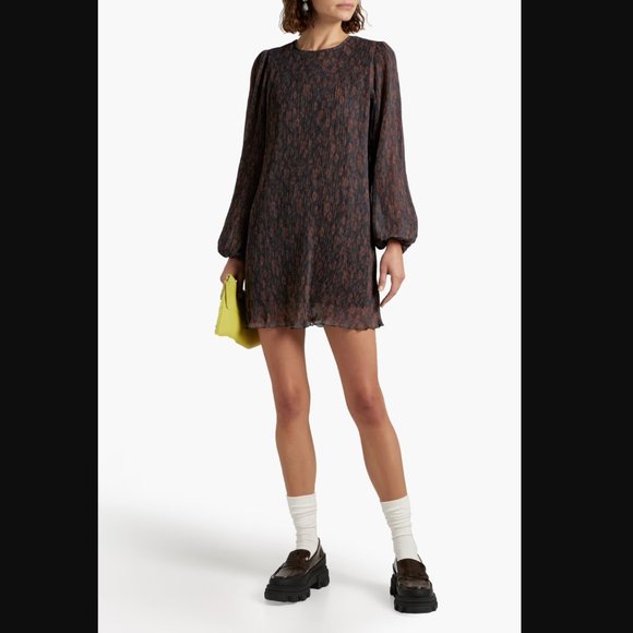 Ganni Brown Pleated Mini Dress - Picture 1 of 11